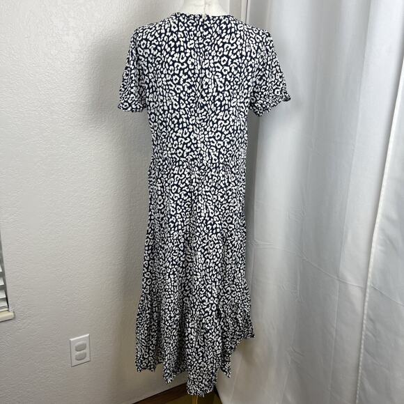 J Crew Midi Dress Womens Medium Blue White Leopard Print Puff Sleeve Tiered Boho - Picture 7 of 13